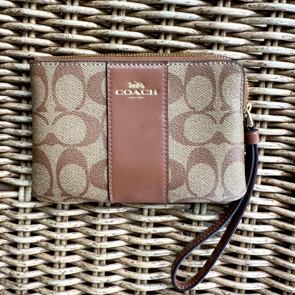 Coach Tan and Brown Signature Wristlet